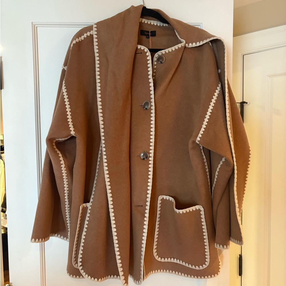 Quince Tan Scarf Coat with Cream Trim NWT